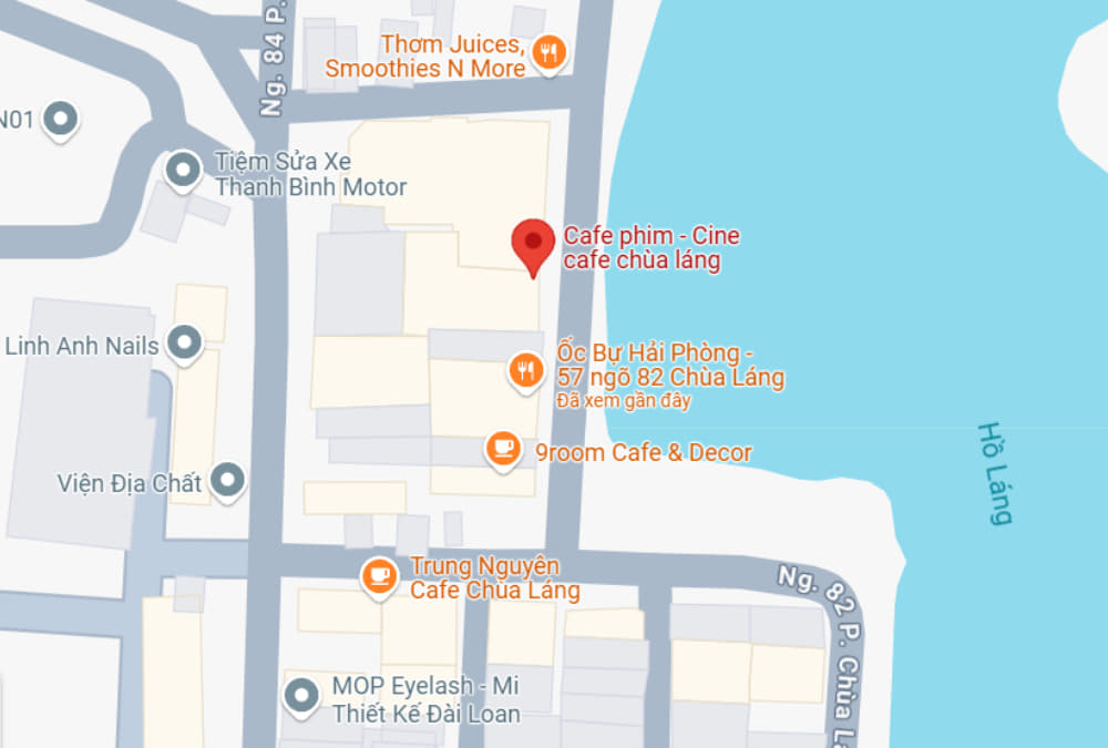 Trải Nghiệm Cafe Phim Lãng Mạn Tại Chùa Láng Cùng Người Thương 3 Bản đồ hiển thị vị trí các quán cà phê và cửa hàng trên phố gần hồ Láng.
