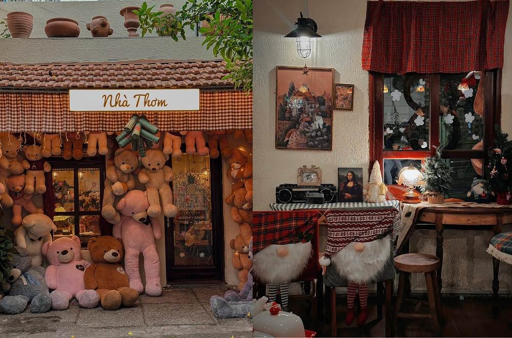 Khám Phá 12+ Quán Cafe Đẹp Hút Triệu View Tại TPHCM Năm 2025 10 Cửa hàng trưng bày gấu bông, bên trong trang trí phong cách ấm cúng với đèn và cây thông nhỏ.