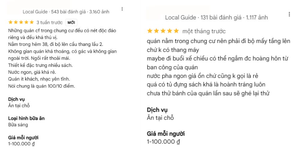 Khám Phá Top Quán Cafe Sách Hot Nhất Quận 1 Bạn Không Thể Bỏ Lỡ Năm Nay 8 Hai bài đánh giá về quán cà phê trong chung cư, mô tả không gian và dịch vụ, kèm đánh giá sao.