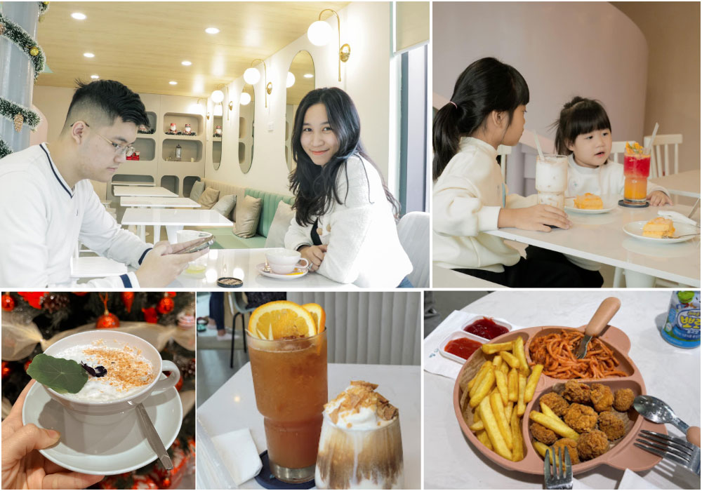 Khám Phá Top 6 Quán Cafe Hot Nhất Tại Thành Thái, Cầu Giấy 11 Quán cà phê với khách ngồi thưởng thức đồ uống và món ăn, bao gồm cà phê, nước trái cây và đồ ăn nhẹ.