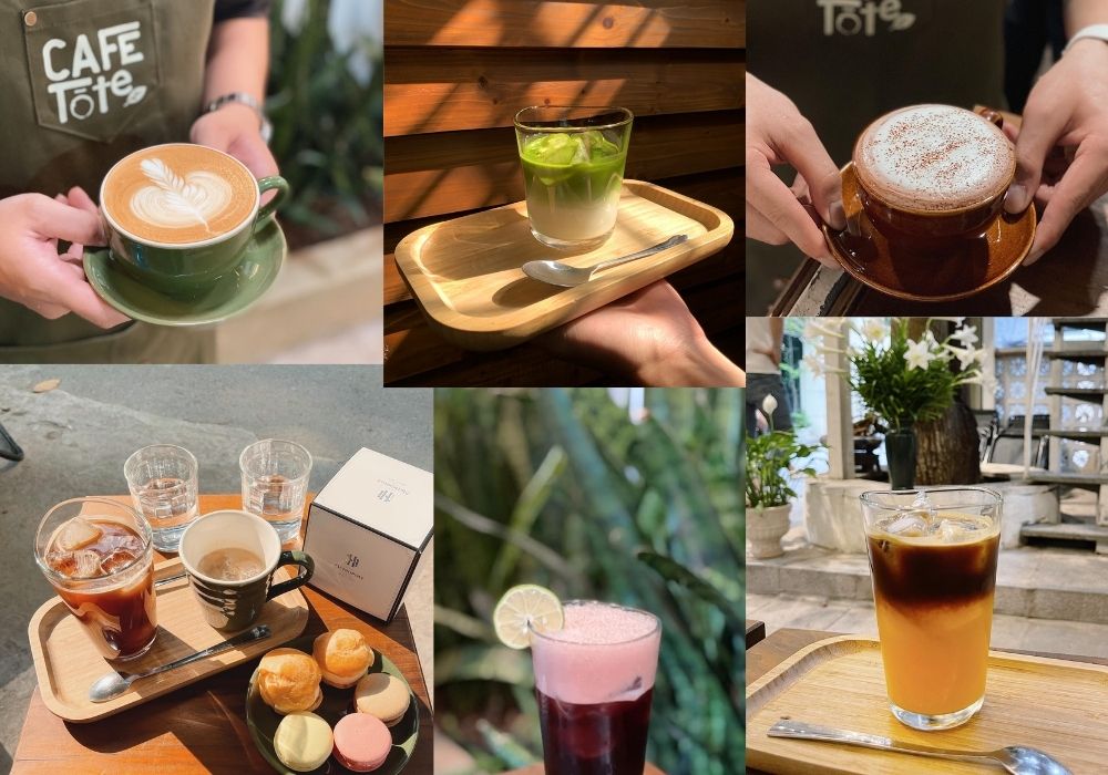 Khám Phá Top 10 Quán Cafe Láng Hạ: View Đẹp, Menu Hấp Dẫn, Giá Cực Hợp Lý 10 Hình ảnh gồm nhiều loại đồ uống khác nhau được phục vụ trên khay gỗ, trong không gian quán cà phê.