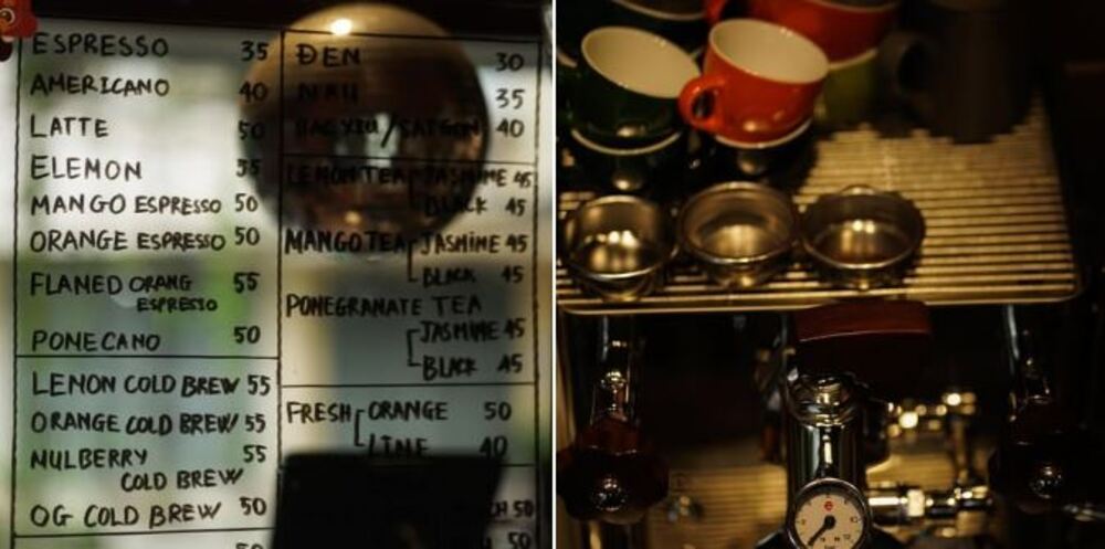 Khám Phá 9 Quán Cafe Độc Đáo Trên Đường Hoàng Hoa Thám 8 Danh sách thức uống và máy pha cà phê với ly và phụ kiện trên kệ.