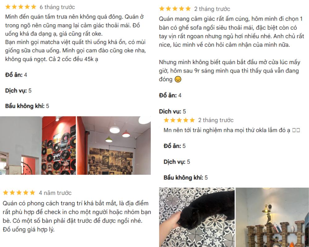 Khám Phá 12+ Quán Cafe Đẹp Ở Tây Sơn Với Đồ Uống Ngon 13 Bốn đánh giá quán cà phê với hình ảnh trang trí nội thất và một chú mèo trên sàn gạch hoa.