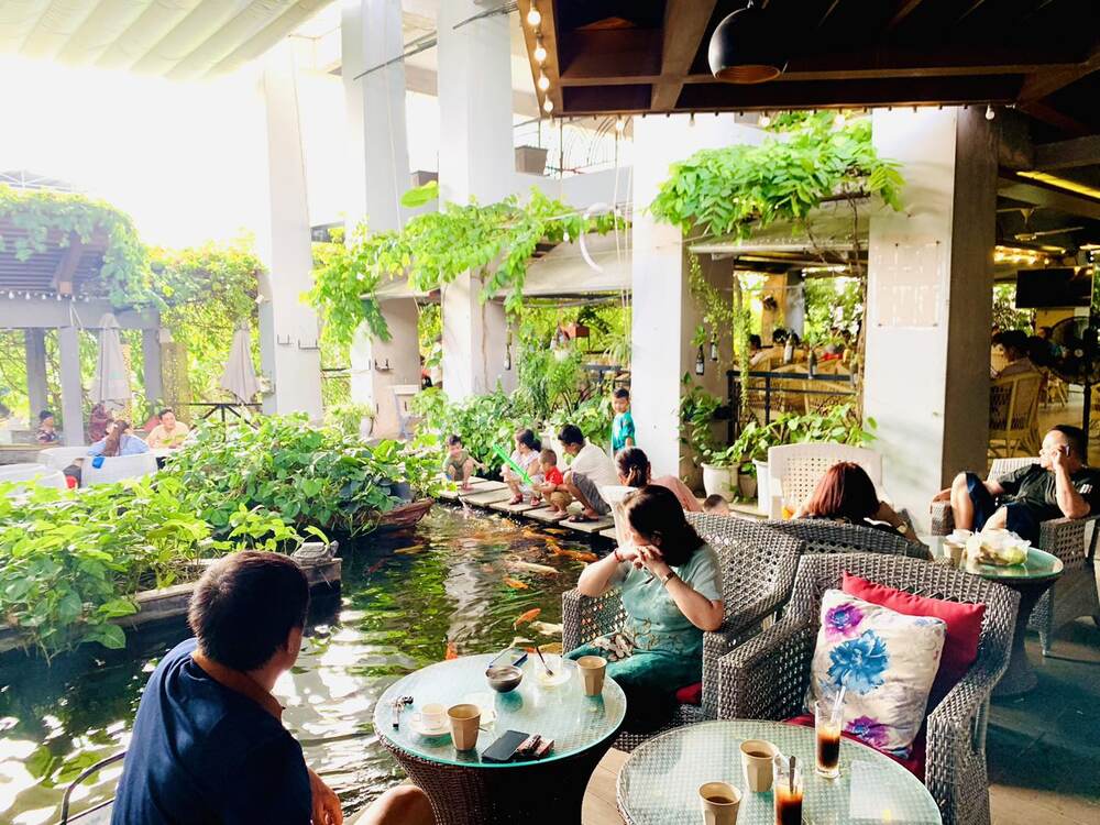 Top 5 Quán Cafe Cá Koi Đẹp Không Thể Bỏ Qua Tại Quy Nhơn 5 Quán cà phê ngoài trời với nhiều cây xanh, hồ cá và khách ngồi thư giãn trên ghế mây.