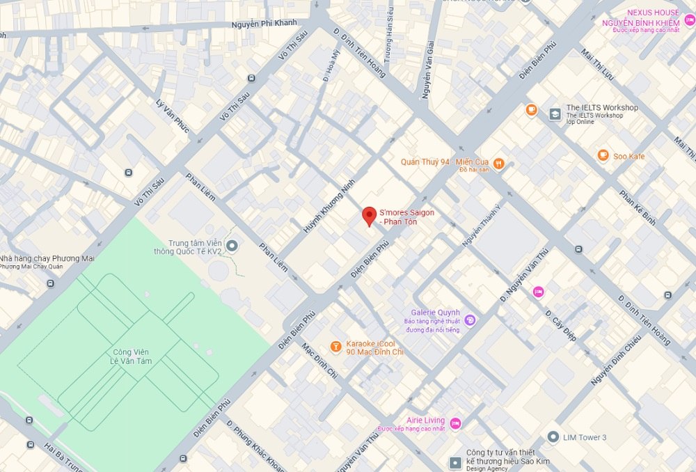 Khám Phá Những Quán Cafe Độc Lạ Thu Hút Giới Trẻ Tại Sài Gòn 16 Bản đồ hiển thị khu vực trung tâm thành phố với các đường phố và địa điểm nổi bật, bao gồm công viên và cửa hàng.