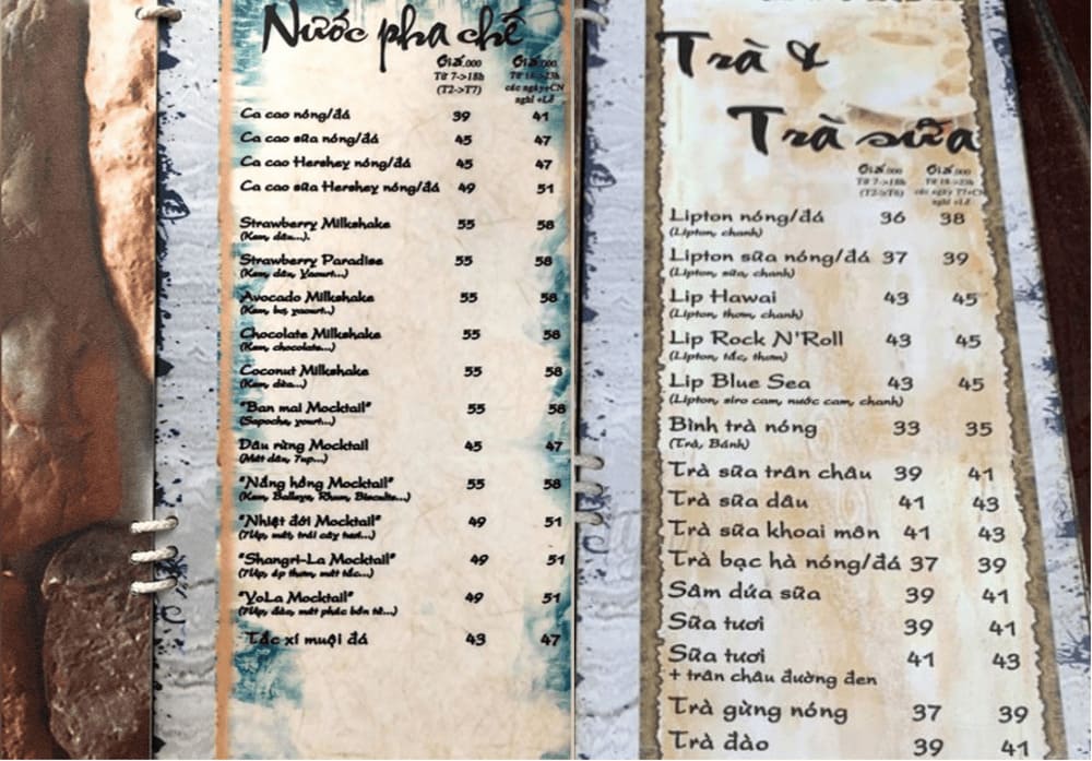 Thực đơn đồ uống với các loại nước pha chế, trà và trà sữa, kèm giá tiền chi tiết cho từng món.