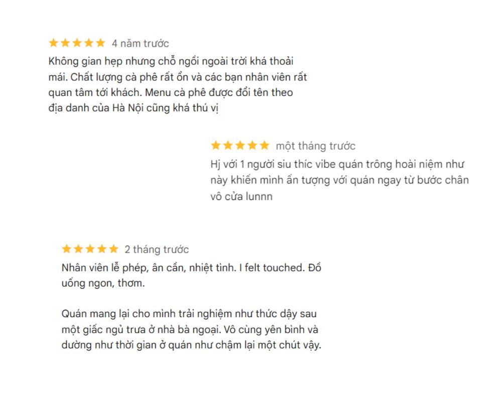 Khám Phá 12+ Quán Cafe Đẹp Ở Tây Sơn Với Đồ Uống Ngon 25 Ba đánh giá trực tuyến về một quán cà phê, mỗi đánh giá đều có số sao và mô tả trải nghiệm khác nhau.