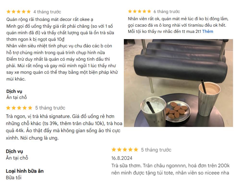 Khám Phá 12+ Quán Cafe Đẹp Ở Tây Sơn Với Đồ Uống Ngon 19 Hình ảnh gồm các bài đánh giá về một quán cà phê và đồ uống trên nền trắng, kèm ảnh hai ly nước trên bàn.