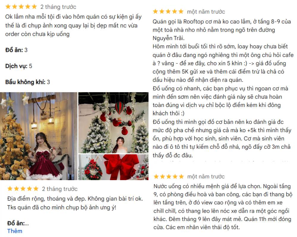 Khám Phá 7 Quán Cafe Tuyệt Đẹp Ở Ngã Tư Sở: View Đẹp, Đồ Uống Ngon, Giá Phải Chăng 17 Hình ảnh gồm các bài đánh giá quán cà phê và hình ảnh trang trí Giáng sinh với cây thông và đồ trang trí.