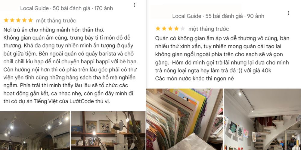 Khám Phá Top Quán Cafe Sách Hot Nhất Quận 1 Bạn Không Thể Bỏ Lỡ Năm Nay 20 Hai đánh giá về quán cà phê, kèm hình ảnh nội thất với ánh sáng và tranh treo tường.