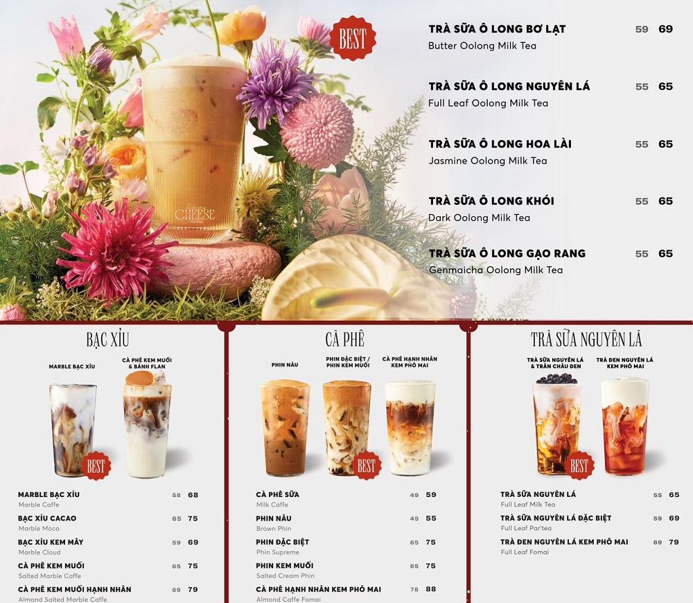 Khám Phá Những Quán Cafe Độc Lạ Thu Hút Giới Trẻ Tại Sài Gòn 19 Menu đồ uống với hình ảnh các loại trà sữa, cà phê, bạc xỉu bên cạnh trang trí hoa tươi.