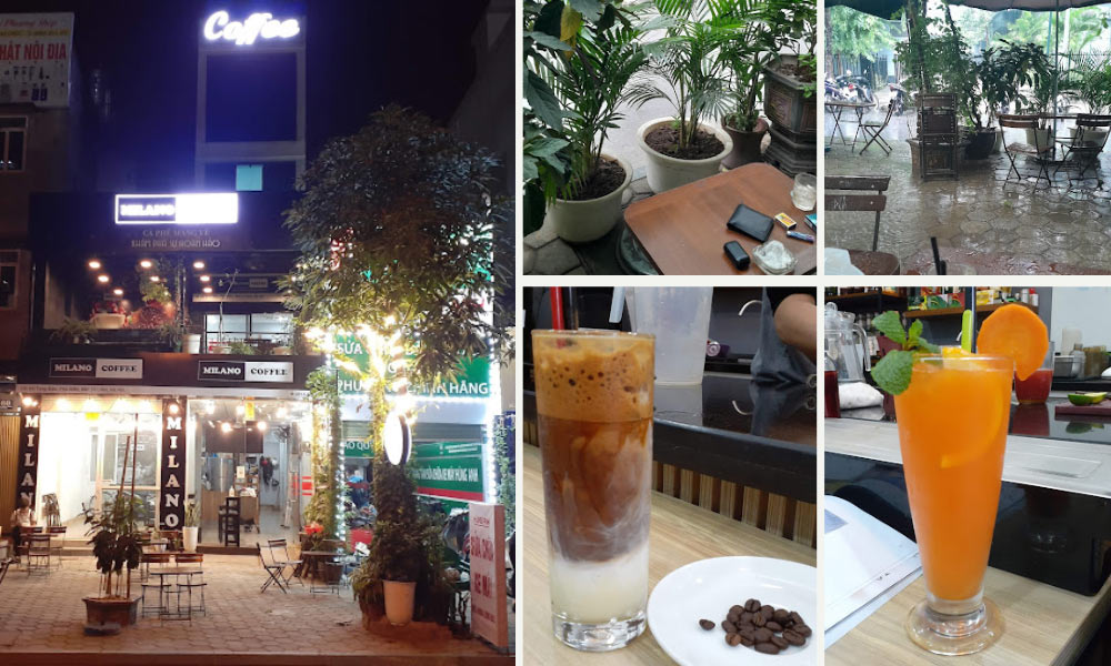 Khám Phá 14 Quán Cafe Hồ Tùng Mậu: Điểm Chill Lý Tưởng Tại Cầu Giấy 16 Quán cà phê với bảng hiệu đèn sáng, bàn ghế ngoài trời và các loại đồ uống đa dạng trên bàn.