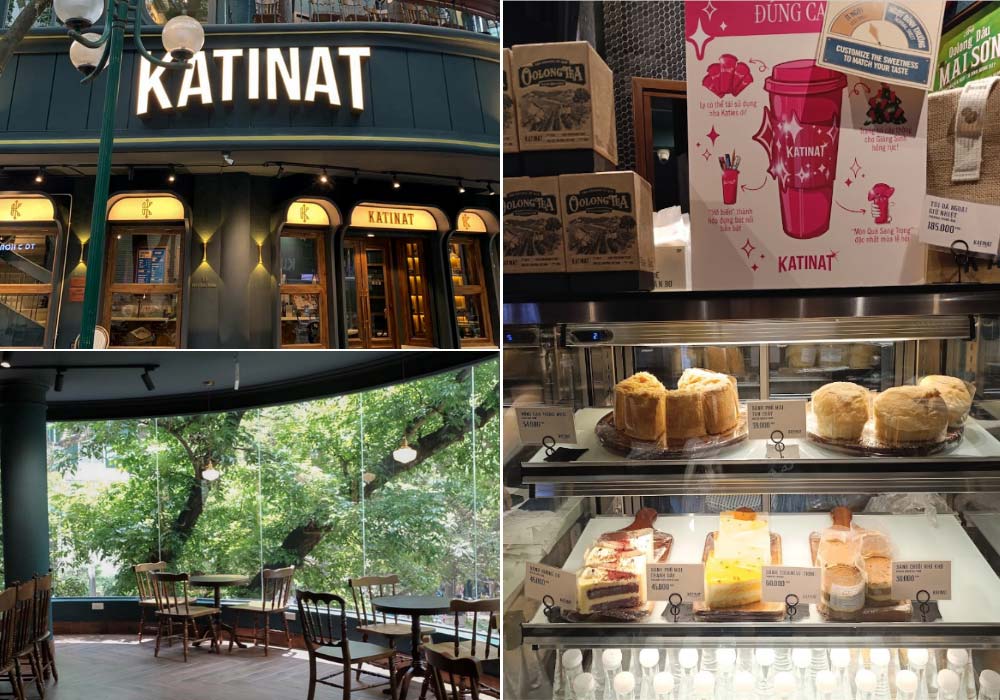 Khám Phá 8 Quán Cafe Lý Tưởng Trên Phố Phan Đình Phùng Cho Cuối Tuần Thư Giãn 5 Mặt tiền quán cà phê, không gian nội thất với bàn ghế gỗ, tủ trưng bày bánh ngọt và hộp trà.
