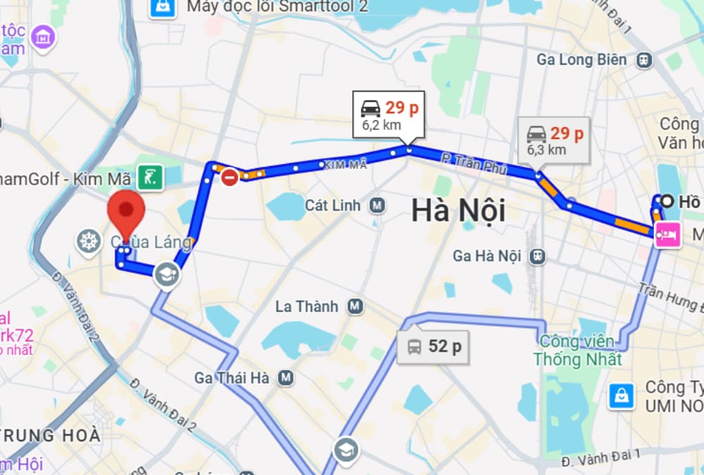 Trải Nghiệm Cafe Phim Lãng Mạn Tại Chùa Láng Cùng Người Thương 8 Bản đồ chỉ đường từ Hồ Gươm đến Cầu Giấy, Hà Nội với các tùy chọn di chuyển khác nhau.