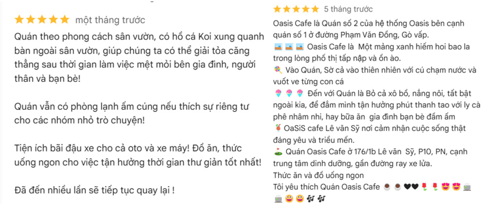 Đánh giá của khách hàng về một quán café, mô tả không gian, tiện ích và trải nghiệm dịch vụ tại đó.