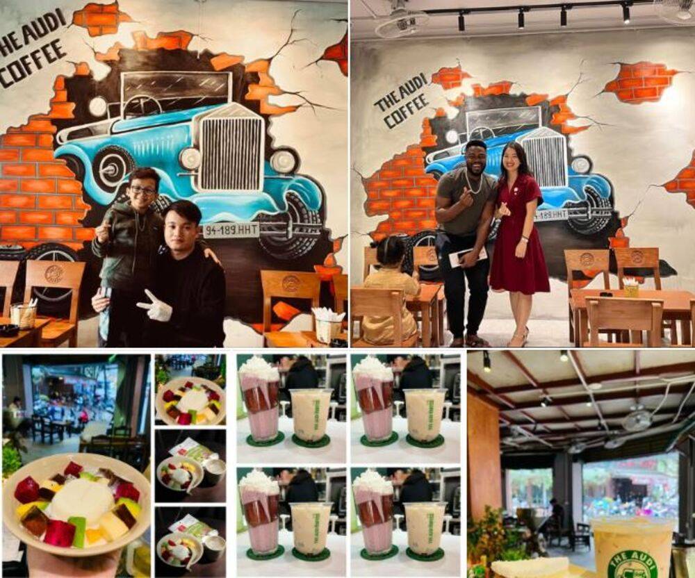 Khám Phá 9 Quán Cafe Độc Đáo Trên Đường Hoàng Hoa Thám 12 Quán cà phê với tranh tường ô tô cổ điển, khách chụp ảnh, đồ uống và món tráng miệng được bày trên bàn.