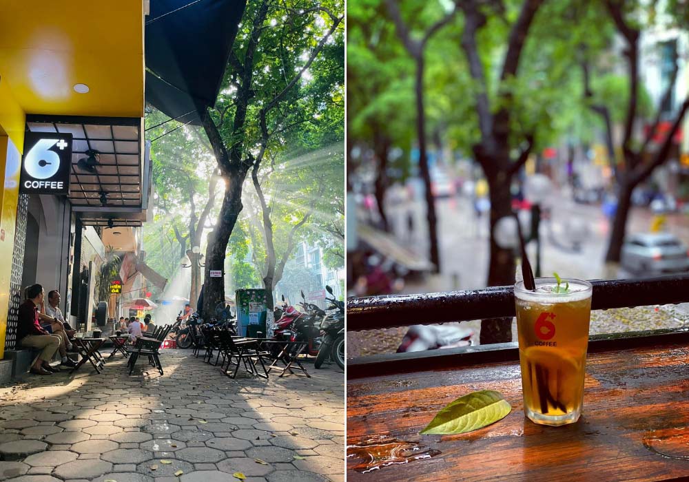 Khám Phá 8 Quán Cafe Lý Tưởng Trên Phố Phan Đình Phùng Cho Cuối Tuần Thư Giãn 9 Quán cà phê với biển hiệu, bàn ghế ngoài trời; ly nước trên bàn nhìn ra đường phố rợp bóng cây xanh.