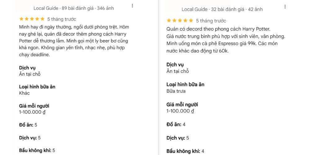 Khám Phá Top Quán Cafe Sách Hot Nhất Quận 1 Bạn Không Thể Bỏ Lỡ Năm Nay 16 Hai đánh giá về quán cà phê trang trí phong cách Harry Potter, với thông tin về dịch vụ và giá cả.