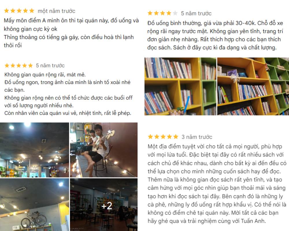 Khám Phá 12+ Quán Cafe Đẹp Ở Tây Sơn Với Đồ Uống Ngon 11 Hình ảnh là tổ hợp các đánh giá quán cà phê, kèm theo ảnh nội thất quán và kệ sách đầy màu sắc.