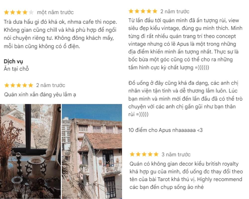 Khám Phá 12+ Quán Cafe Đẹp Ở Tây Sơn Với Đồ Uống Ngon 17 Hình ảnh gồm ba đánh giá khách hàng về một quán cà phê và hai ảnh chụp không gian bên ngoài quán.