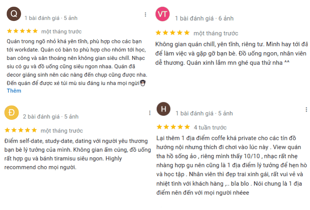Khám Phá 9 Quán Cafe Độc Đáo Trên Đường Hoàng Hoa Thám 23 Hình ảnh gồm bốn đánh giá quán cafe, mỗi đánh giá có xếp hạng sao và nhận xét chi tiết từ khách hàng.