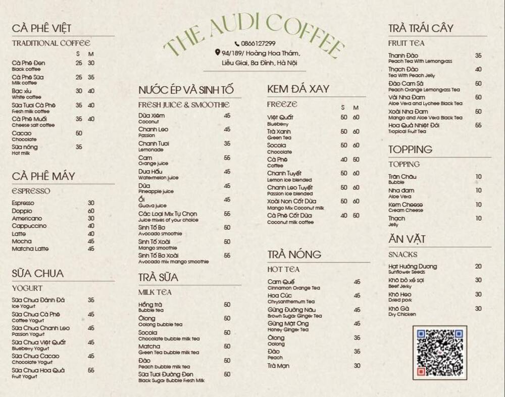 Khám Phá 9 Quán Cafe Độc Đáo Trên Đường Hoàng Hoa Thám 22 Thực đơn của quán cà phê với các loại đồ uống và đồ ăn nhẹ, bao gồm cà phê, sinh tố và trà.