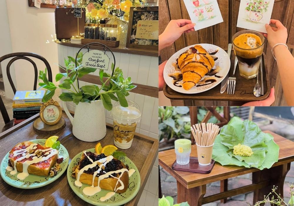 Khám Phá Top 10 Quán Cafe Láng Hạ: View Đẹp, Menu Hấp Dẫn, Giá Cực Hợp Lý 4 Bàn gỗ với bánh ngọt, cà phê, sách và cây xanh trang trí trong quán cà phê ấm cúng.