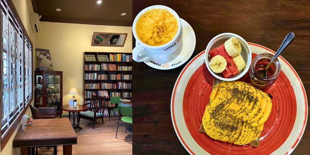 Khám Phá Top Quán Cafe Sách Hot Nhất Quận 1 Bạn Không Thể Bỏ Lỡ Năm Nay 21 Quán cà phê với kệ sách, bàn ghế gỗ; bên cạnh là món bánh mì phủ xoài, trái cây và cà phê trên bàn.