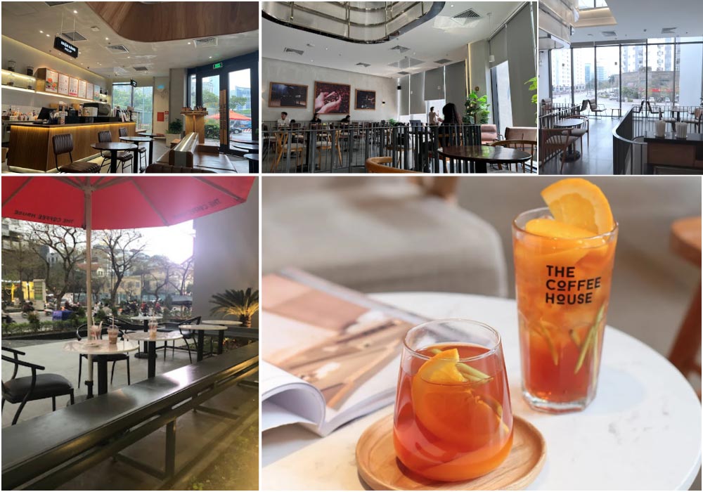 Khám Phá Top 6 Quán Cafe Hot Nhất Tại Thành Thái, Cầu Giấy 13 Nội thất và không gian quán cà phê hiện đại với đồ uống và bàn ghế ngoài trời dưới ô dù đỏ.