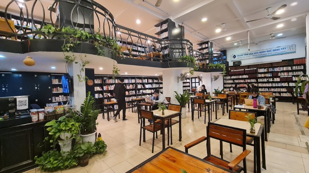 Khám Phá 11 Quán Cafe Sách Độc Đáo Tại Cầu Giấy Hút Hồn Độc Giả 4 Không gian thư viện với bàn ghế gỗ, kệ sách, cây xanh và mọi người đang đọc sách hoặc làm việc.