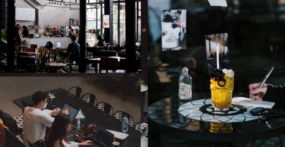 Khám Phá 4 Quán Cafe 24h Ở Bình Thạnh Hoàn Hảo Cho Làm Việc Và Thư Giãn 8 Quán cà phê có khách ngồi làm việc, viết lách; bàn tròn với ly nước vàng và chai thủy tinh bên cạnh.