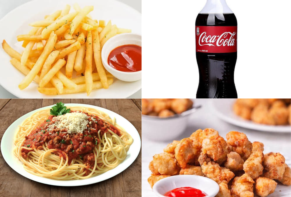 Trải Nghiệm Cafe Phim Lãng Mạn Tại Chùa Láng Cùng Người Thương 6 Bốn món ăn và đồ uống gồm khoai tây chiên, nước ngọt, mì Ý sốt cà chua, gà viên chiên kèm nước chấm.