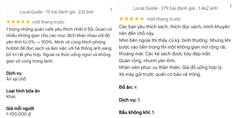 Khám Phá Top Quán Cafe Sách Hot Nhất Quận 1 Bạn Không Thể Bỏ Lỡ Năm Nay 26 Hai bài đánh giá quán cà phê từ các hướng dẫn viên địa phương, đánh giá cao không gian và dịch vụ.