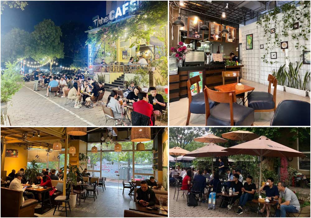Khám Phá Top 6 Quán Cafe Hot Nhất Tại Thành Thái, Cầu Giấy 8 Quán cà phê với không gian ngoài trời và trong nhà, khách hàng ngồi trò chuyện, bên ngoài có cây xanh và đèn trang trí.