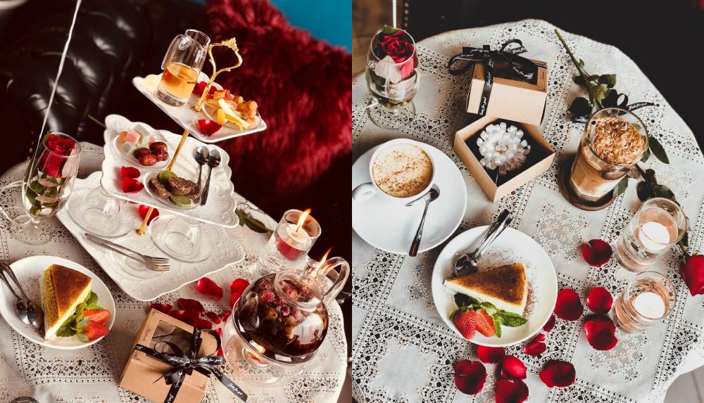 Khám Phá 12+ Quán Cafe Đẹp Ở Tây Sơn Với Đồ Uống Ngon 4 Bàn tiệc với bánh, đồ uống và hoa hồng, trang trí trên khăn trải ren, tạo không gian ấm cúng và lãng mạn.