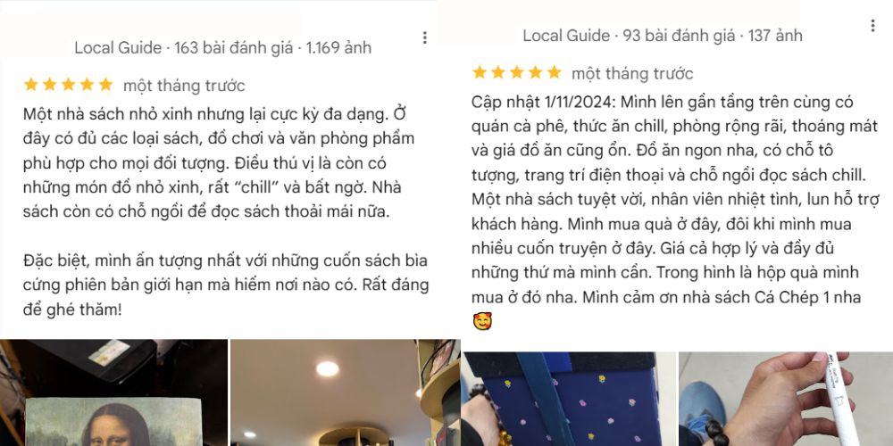 Khám Phá Top Quán Cafe Sách Hot Nhất Quận 1 Bạn Không Thể Bỏ Lỡ Năm Nay 24 Hai bài đánh giá về một nhà sách, kèm theo hình ảnh sách và quang cảnh trong nhà sách.