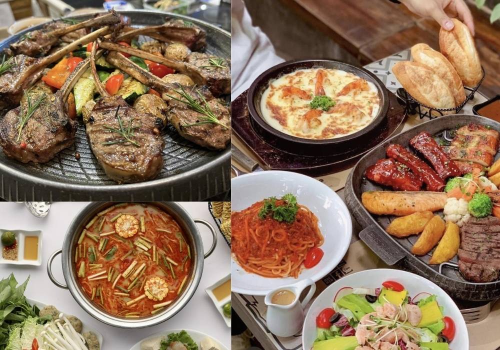 Khám Phá Top 10 Quán Cafe Láng Hạ: View Đẹp, Menu Hấp Dẫn, Giá Cực Hợp Lý 18 Một bàn đầy món ăn đa dạng, gồm thịt nướng, lẩu, mì Ý, salad và bánh mì, được bày trí hấp dẫn.