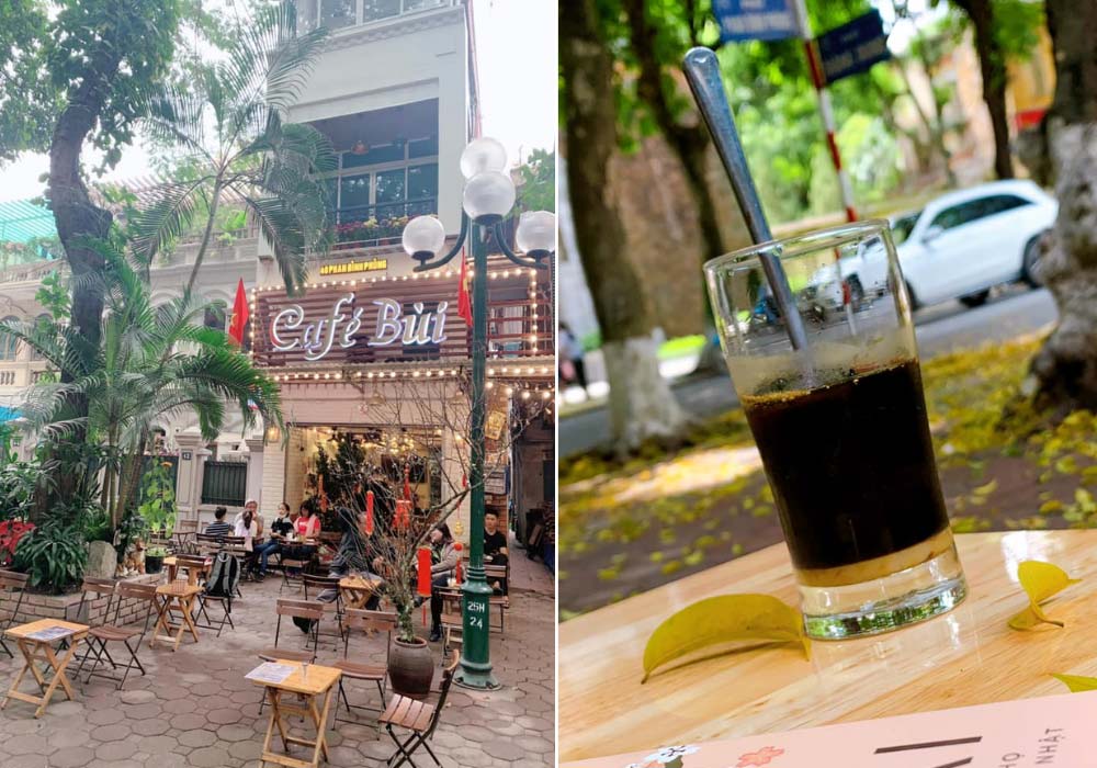 Khám Phá 8 Quán Cafe Lý Tưởng Trên Phố Phan Đình Phùng Cho Cuối Tuần Thư Giãn 4 Quán cà phê ngoài trời với nhiều cây xanh và bàn ghế gỗ; ly cà phê đen trên bàn gần đường phố.