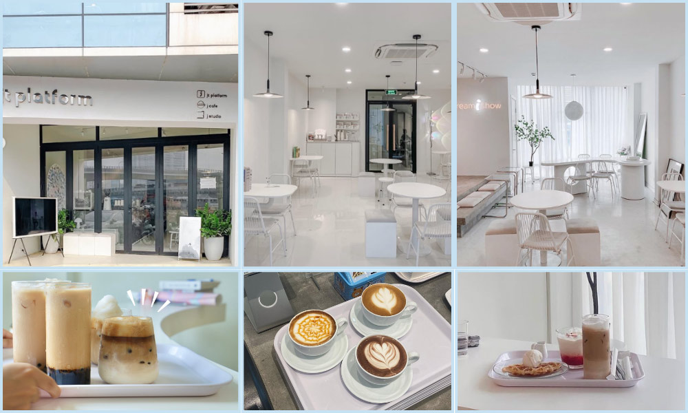 Khám Phá 14 Quán Cafe Hồ Tùng Mậu: Điểm Chill Lý Tưởng Tại Cầu Giấy 12 Quán cà phê hiện đại với nội thất tối giản, nhiều loại đồ uống và bánh ngọt được phục vụ trên khay trắng.