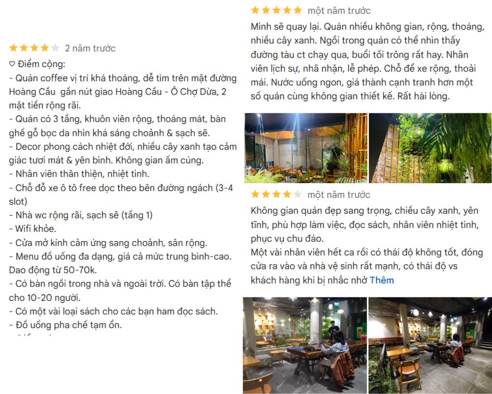 Khám Phá 7 Quán Cafe Tuyệt Đẹp Ở Ngã Tư Sở: View Đẹp, Đồ Uống Ngon, Giá Phải Chăng 11 Ba đánh giá về quán cà phê, kèm hình ảnh nội thất với cây xanh và bàn ghế gỗ.