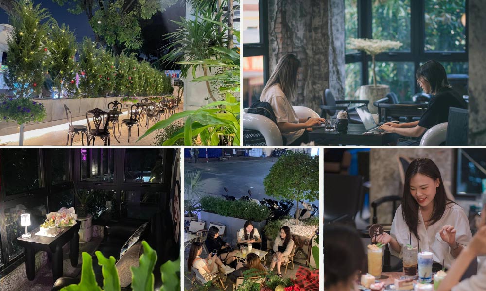 Khám Phá 14 Quán Cafe Hồ Tùng Mậu: Điểm Chill Lý Tưởng Tại Cầu Giấy 18 Quán cà phê với không gian ngoài trời và trong nhà, có cây xanh, khách hàng ngồi làm việc và thưởng thức đồ uống.