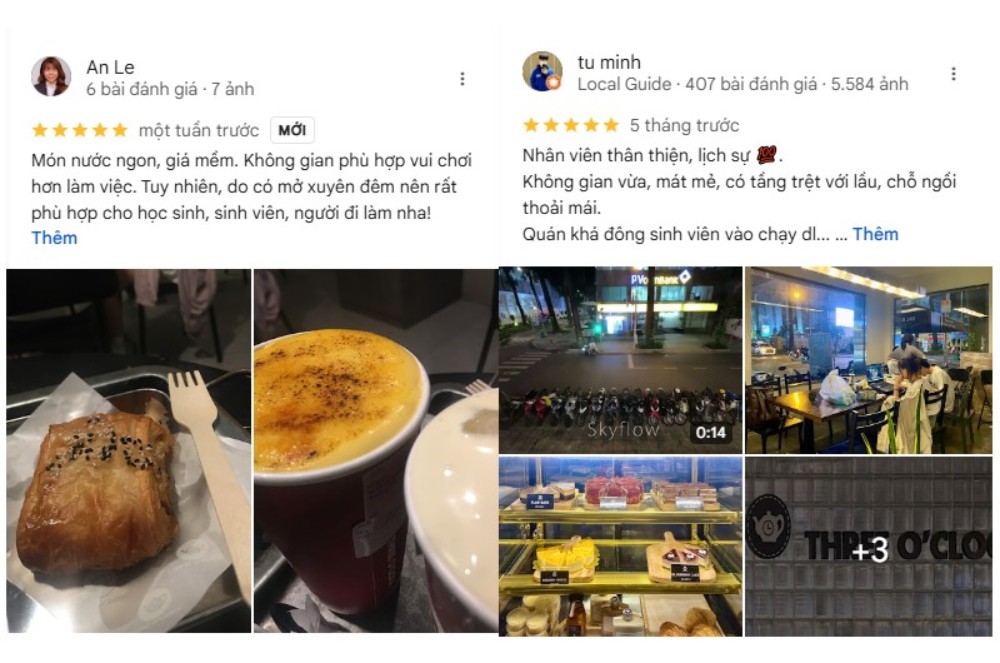 Khám Phá Top 6 Quán Cafe Mở Cửa 24h Tại Quận 3 Cho Người Yêu Thích Cú Đêm 12 Đánh giá quán cà phê với hình ảnh món ăn, thức uống và không gian quán, bao gồm bánh ngọt và ly cà phê.