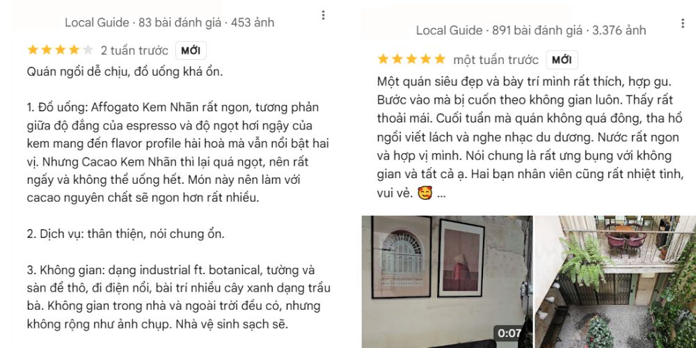 Khám Phá Top Quán Cafe Sách Hot Nhất Quận 1 Bạn Không Thể Bỏ Lỡ Năm Nay 18 Hai đánh giá quán cà phê với hình ảnh không gian bên trong, gồm bàn ghế và cây xanh.