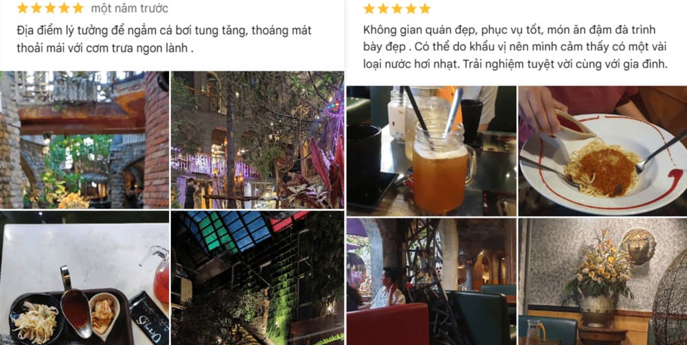 Hình ảnh nhà hàng với không gian trang trí cây xanh, món ăn và đồ uống được phục vụ trên bàn.