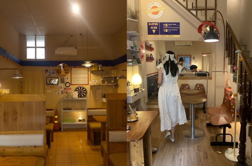 Khám Phá 12+ Quán Cafe Đẹp Ở Tây Sơn Với Đồ Uống Ngon 22 Một quán cà phê với không gian ấm cúng, nội thất gỗ, trang trí đơn giản. Người đang đi trong quán.