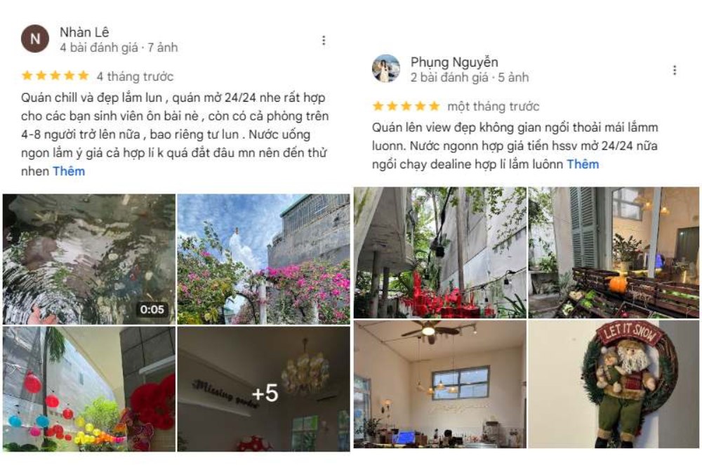 Khám Phá Top 6 Quán Cafe Mở Cửa 24h Tại Quận 3 Cho Người Yêu Thích Cú Đêm 6 Hình ảnh các đánh giá quán cà phê với nhiều ngôi sao và ảnh chụp không gian quán, cây xanh, và trang trí.