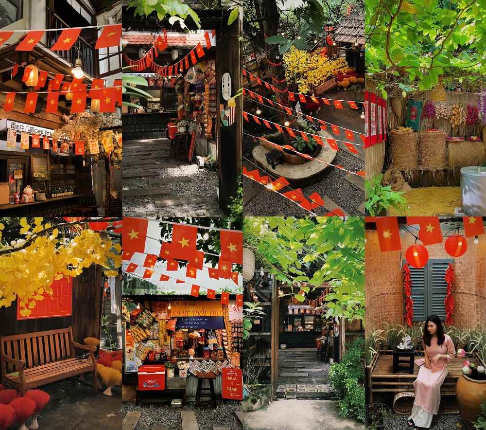 Khám Phá 12+ Quán Cafe Đẹp Hút Triệu View Tại TPHCM Năm 2025 7 Không gian trang trí với cờ đỏ sao vàng, đèn lồng và cây xanh, mang đậm nét văn hóa Việt Nam.