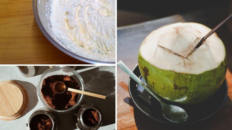 H&igrave;nh ảnh gồm ba phần: kem tươi trong t&ocirc;, bột c&agrave; ph&ecirc; trong hũ v&agrave; tr&aacute;i dừa tươi với ống h&uacute;t tr&ecirc;n b&agrave;n.