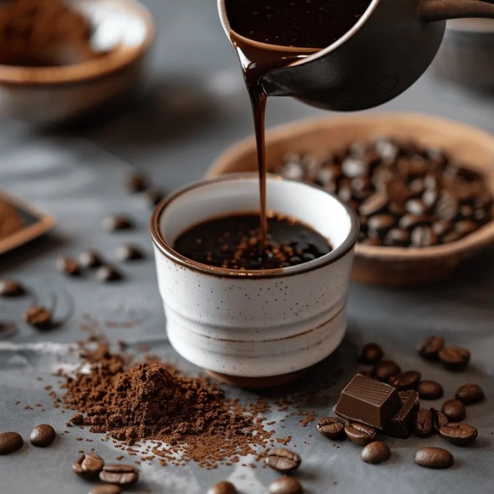 Cà phê đen được rót từ ấm vào cốc sứ trắng, xung quanh là hạt và bột cà phê, có cả miếng sô-cô-la.