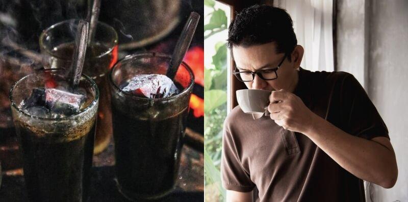 Cốc c&agrave; ph&ecirc; với than n&oacute;ng b&ecirc;n tr&aacute;i v&agrave; người đ&agrave;n &ocirc;ng uống c&agrave; ph&ecirc; b&ecirc;n phải, đứng gần cửa sổ.